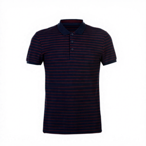 Polo de Punto a Rayas para Hombre, Manga Corta, Corte Regular Informal, Patrón Azul Marino y Rojo - Product Image 1