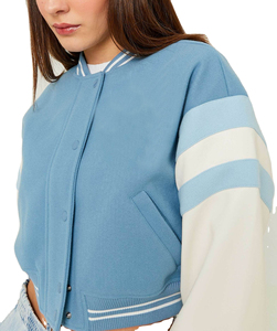2025 Women's Crop <b>Varsity</b> <b>Jacket</b> Genuine Leather Sleeve Wool Body <b>Plain</b> Dyed Letterman <b>Varsity</b> <b>Jacket</b> - Product Image 3
