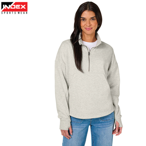 Vente en gros de sweat-shirt surdimensionné à demi-fermeture éclair de couleur unie vintage pour femmes avec techniques brodées à col montant pour l'hiver - Product Image 2