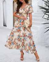Robe longue élégante pour femme à imprimé floral, manches courtes, col en V, taille haute empire, idéale pour la plage - Grande Vente