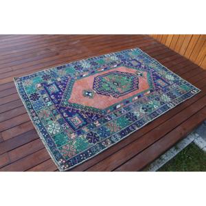 Alfombra Turca Vintage de 3.6x5.3 pies, Alfombra de Lana Azul con Diseño Floral - Product Image 2