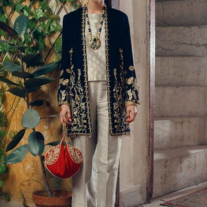 NEW--LATEST GOLDEN-EMBROIDERY on <b>TOP</b>, JACKET WITH PANT EMBELLISH <b>CRYSTAL</b> BEADS,PEARLS,GLASS STONE WORK for PARTY-WEAR @ 2023 - Product Image 1