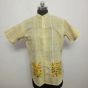 Hermosa Camisa de algodón con estampado de bloque de mano con patrón de rayas Ropa de verano de algodón puro con mangas cortas para fiestas - Product Image 1