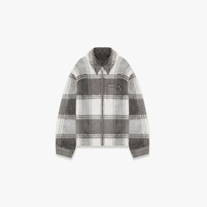 Chaqueta de camisa de franela-Gris/Blanco, ajuste de hombros caídos, bolsillos dobles y tela suave italiana de aspecto de mohair - Product Image 1