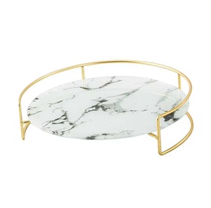 VISHAL HANDICRAFT Metal Marble Gold Round Serving <b>Tray</b> Platter for Hotel Wedding Christmas Decor Minimalist Design - Product Image 1