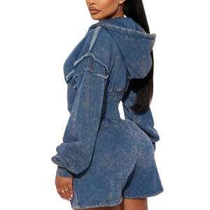 Conjunto corto de dos piezas de alta calidad con capucha recortada por la parte superior, conjunto de pantalones cortos de chándal con detalle de costura en el hombro Vintage lavado - Product Image 4