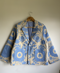 Blazer en coton imprimé floral bleu pour femme, veste décontractée de printemps avec col ouvert et fermeture boutonnée - Product Image 1