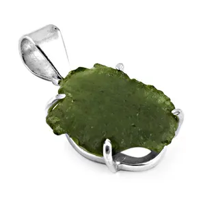 Handmade Silver <b>Moldavite</b> Pendant <b>Necklace</b> with Green Gemstone Rhodium Plated Religious Charm Diamond Main Stone Jewelry - Product Image 1