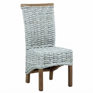 Chaise de salle à manger en rotin tressé blanc avec pieds en bois naturel, chaise d'appoint en rotin Kubu, décoration artistique pour l'aménagement extérieur de patio - Product Image 1