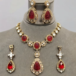 Designer Polki Necklace <b>Set</b> with Earrings Matt <b>Gold</b> Plated Brass Bridal <b>Jewelry</b> for Wedding & Parties for Engagement Celebration - Product Image 1