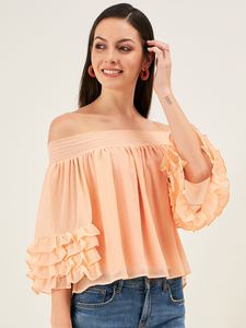 Haut à manches raglan en mousseline de soie sur mesure avec épaules smockées et détail à volants Convient aux clients de la boutique et au revendeur de vêtements - Product Image 4