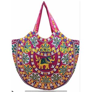 Sac fourre-tout Rajasthani de haute qualité, brodé, à pompons, avec fermeture éclair, doublure en coton/polyester, fait main, motif dessin animé, capacité 5 kg - Product Image 1