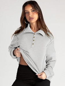 2025 sudadera de gran tamaño para mujer, Jersey informal de manga larga con botones y cuello de pico, Tops holgados, trajes de moda de otoño, traje personalizado para mujer - Product Image 4
