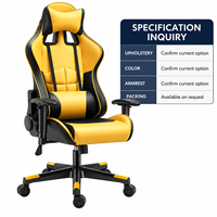 Chaise de jeu en PVC noir et jaune avec accoudoirs réglables, appui-tête et coussins lombaires, et base en nylon
