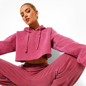 Sudadera con capucha recortada de gran tamaño con lavado ácido de lana de Invierno para mujer de lujo a precio bajo al por mayor estilo Vintage - Product Image 4