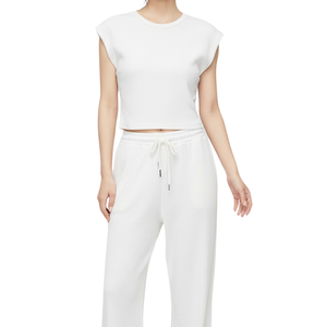 Ensemble débardeur côtelé sans manches et pantalon large au-dessus du genou pour femme, 100 % coton respirant - Product Image 1