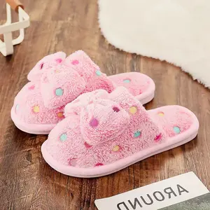 2024 New Stuffed Rainbow Point Bow Cotton Drag Lovely Warm Thick Soled Non-slip Cotton Slippers For Women