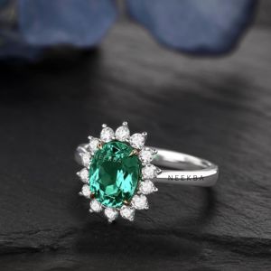 Style victorien 7*9mm ovale coupe laboratoire cultivé bague émeraude couleur verte bague en pierres précieuses forme ovale émeraude argent bague à la main - Product Image 4