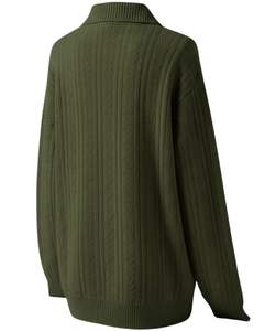 Manufacturer Custom Mens Vertical <b>Cable</b> <b>Knit</b> Polo <b>Sweater</b> Long Sleeve Button Neck Warm Winter Pullover Top In Green - Product Image 6