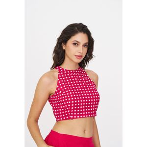 Top court sans bretelles en gingham rose pour femme avec fermeture éclair décorative - Product Image 3