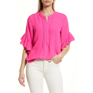 Camicetta da Donna Vince Camuto Rosa Acceso con Maniche a Volant e Scollo Asimmetrico in Chiffon Stile Casual per Primavera/Estate Taglie dalla XL alla 4XL - Product Image 1