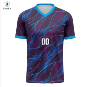Maillot de football sublimé pour homme Index Apparel, col en V, manches courtes, imprimé géométrique violet et bleu, coupe athlétique, évacuation de l'humidité - Product Image 1