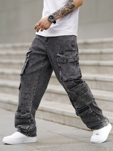 Men's High Quality Dark Wash Jeans Loose <b>Fitting</b> Straight Leg with Multi Pocket Design Multi-Color High Street Casual Style - Product Image 5