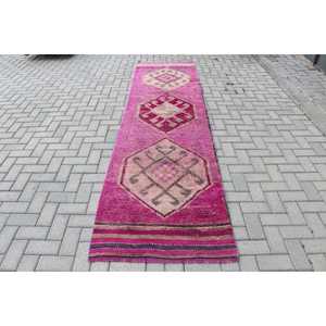 Tapis turc vintage, tapis Herki 2,8x11 pieds, tapis de couloir rose uni - Product Image 1