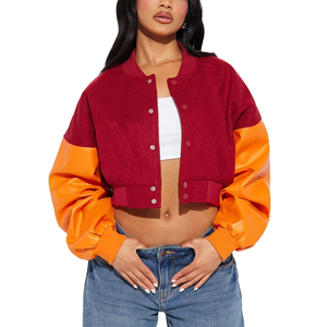 Women Varsity Bomber Cropped Jacket Leather Sleeves Custom Embroidery Logo Baseball Letterman Jackets Factory Wholesale Supplier - Product Image 6