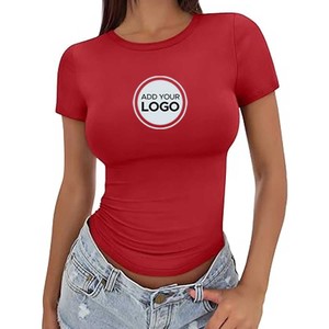 Camiseta de manga corta de algodón para mujer, camisetas informales con cuello redondo y logotipo personalizado, camisetas de algodón Pima para mujer - Product Image 6