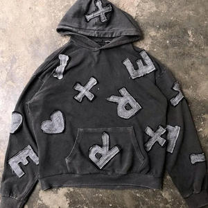Sudadera con capucha para hombre de alta calidad, personalizada, con apliques, lavada, desgastada, de algodón, estilo vintage, con efecto lavado ácido. - Product Image 6