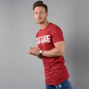 Hoa hồng đỏ của nam giới mỏng phù hợp với Longline T-shirt-100% chải kỹ bông, 200 GSM, tay áo ngắn