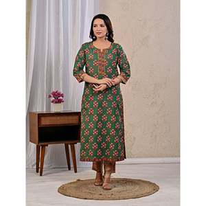 Green Butta <b>Block</b> <b>Printed</b> Cotton Kurta Pant Set with Mulmul Dupatta Pakistani Style Ethnic Net for Party Wear - Product Image 3