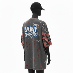 Camiseta Oversize para Mujer, 220 GSM, Algodón Grueso, Jersey Sencillo, Lavado Ácido, Gris con Paneles Rojos, Bolsillos, Estampado, Camiseta de Algodón para Mujer - Product Image 5