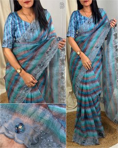 งานครบรอบ/Sangeet/การต้อนรับแบบพิเศษที่เรียบง่ายแต่ดูสง่างามขอบตัดแฟนซีทันสมัย Saree กับเสื้อไม่มีตะเข็บ - Product Image 1