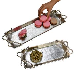 <b>Fancy</b> Decorative Silver Finish Aluminum Serving Tray With Decorative Bow Handle Modern Rectangular <b>Chocolate</b> Tray For Home Decor - Product Image 1