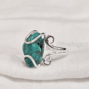 Joyería de piedra en bruto, anillo de mujer, turquesa Natural, piedra preciosa cruda, piedra natal de diciembre, anillo de alambre Hippie, anillo de Plata de Ley 925 - Product Image 1