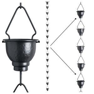 Black Aluminum Luxury Rain Chain 8.5 Foot for Home and Garden Decor Set of 16 Cup Rust Proof in Polished Finish - Product Image 1