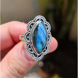 Handmade Boho Hippie Women's Sterling Silver <b>Ring</b> Natural Labradorite Gemstone Inlay <b>Statement</b> Gift for Her - Product Image 4