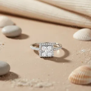 Anillo de compromiso con diamante corte princesa, chapado en oro sólido de 18K, engaste pavé, geométrico clásico, joyería fina para mujer - Product Image 1