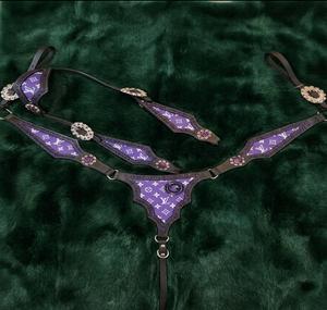 Western horse <b>leather</b> breastplate chest collar tack turquoise concho studded bead <b>harness</b> adjustable riding halter gear - Product Image 3