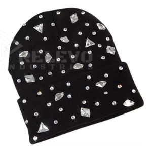 Gorro Negro de Punto con Diamantes de Imitación para Mujer, Gorro de Invierno Suave, Estilo Casual Urbano, 100% Lana, Gorro con Diamantes de Imitación para Mujer - Product Image 4