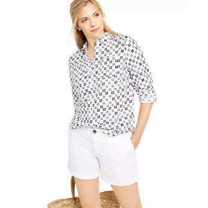 Top Chic in Misto Lino per Donna Charter Club, Casual Chic con Maniche Arrotolabili, Stampa Bianca, Taglia Media - per Ufficio - Product Image 1