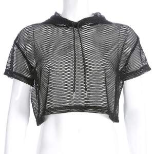 Haut court à capuche en résille/maille pour femmes, manches longues, Top en maille, sweat-shirt Sexy à capuche, mode dame - Product Image 1