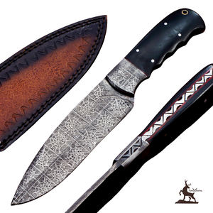 Cuchillo de caza de acero de Damasco personalizable OEM, mango turquesa de resina hecho a mano, Funda de cuero con patrón trenzado para EDC - Product Image 1