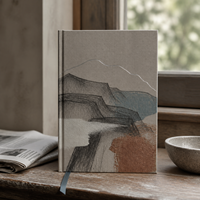 Carnet de notes LABON personnalisé, motif montagne abstraite, couverture rigide en tissu gris, pages à grille de points, ruban bleu