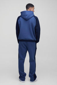 OEM Custom 2-Piece <b>Men's</b> Sporty <b>Jogger</b> Set <b>Navy</b> Oversize Hoodie Raglan Color Block Zipper Hoodie & Wide Leg Sweatpants Tracksuit - Product Image 3