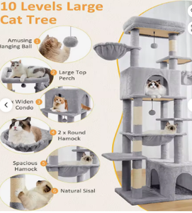 Arbre à chat moderne à 10 niveaux et tour de 68 pouces avec poteaux à gratter en sisal, hamac et niches pour chats d'intérieur, gris clair - Product Image 2