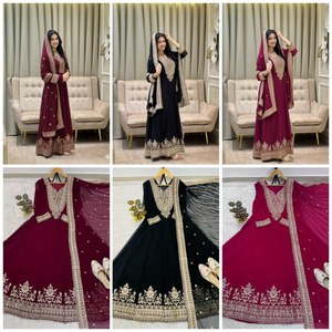 Vestido de Novia Estilo Walima, Traje de Boda Especial, Tela de Georgette Sintética con Estampado Floral, Anarkali Salwar Kameez Largo hasta el Suelo / Ropa Étnica - Product Image 6