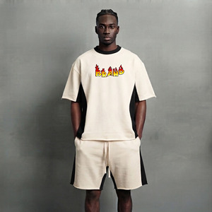 Men Cream Cotton T-<b>Shirt</b> Set With <b>Flame</b> Logo Front Print Casual Summer Wear Crew Neck Breathable Knitted Shorts Matching Outfit - Product Image 4